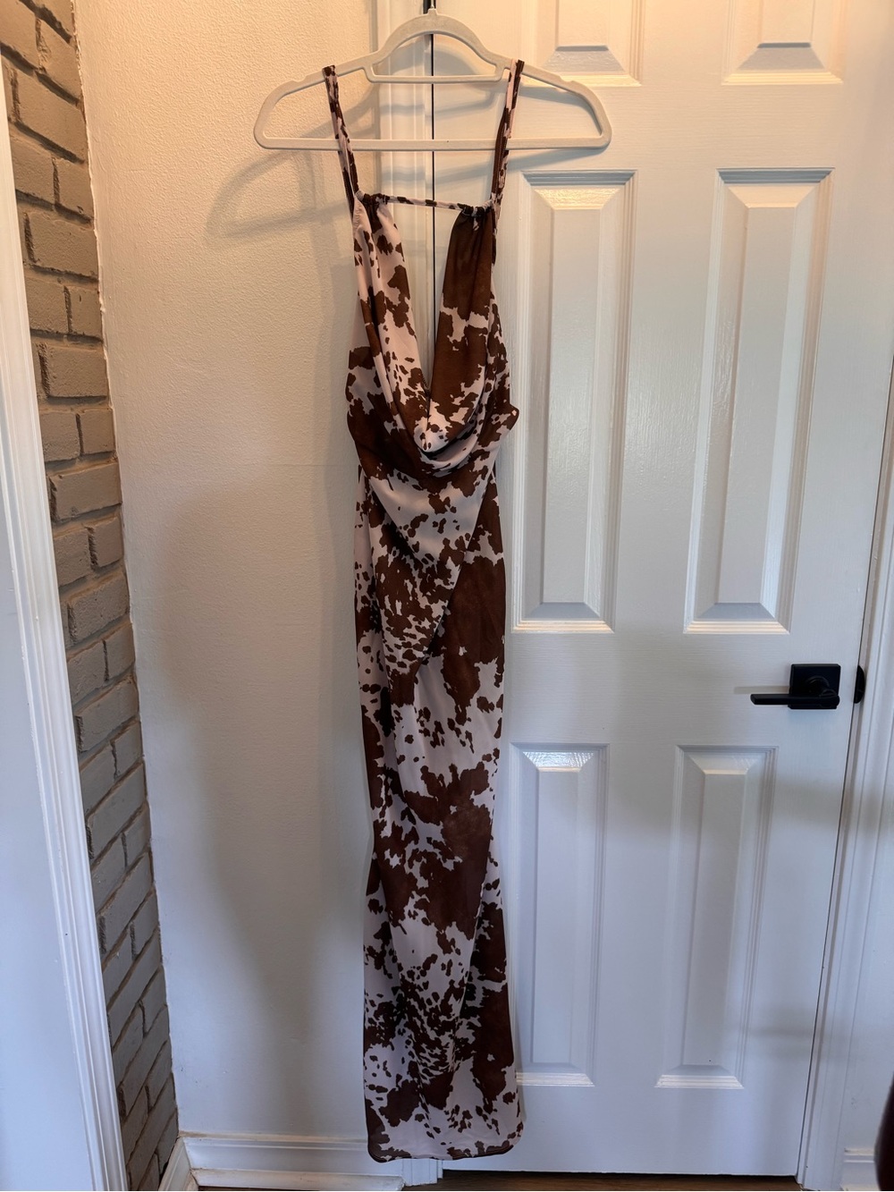 Backless Cowprint Cowl Maxi Dress in Brown and Cream